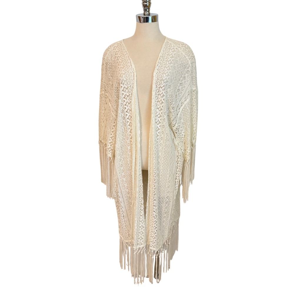 Ali Miles Lace Fringe Kimono Cardigan Size 3X Open Front Duster Boho Wrap